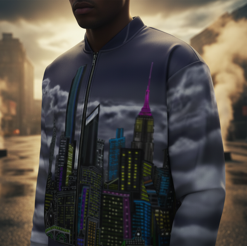 Person wearing a Loria NYC Art jacket with a cityscape design in an urban setting