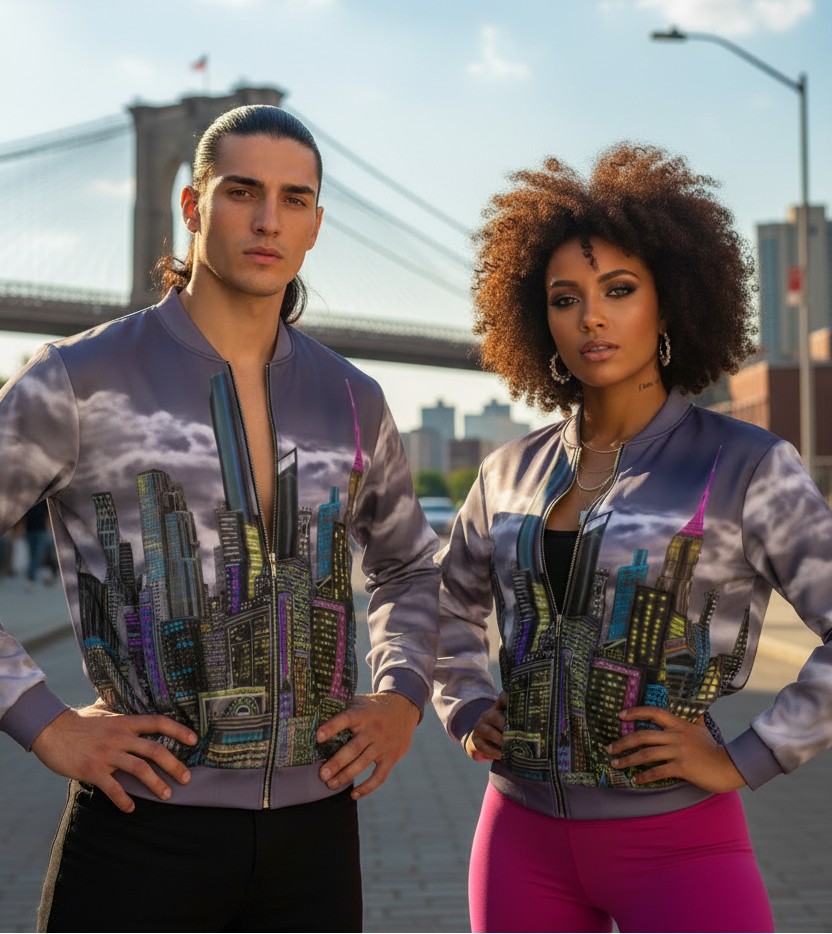Two people wearing matching outfits with a cityscape Loria NYC Art design in front of a bridge.