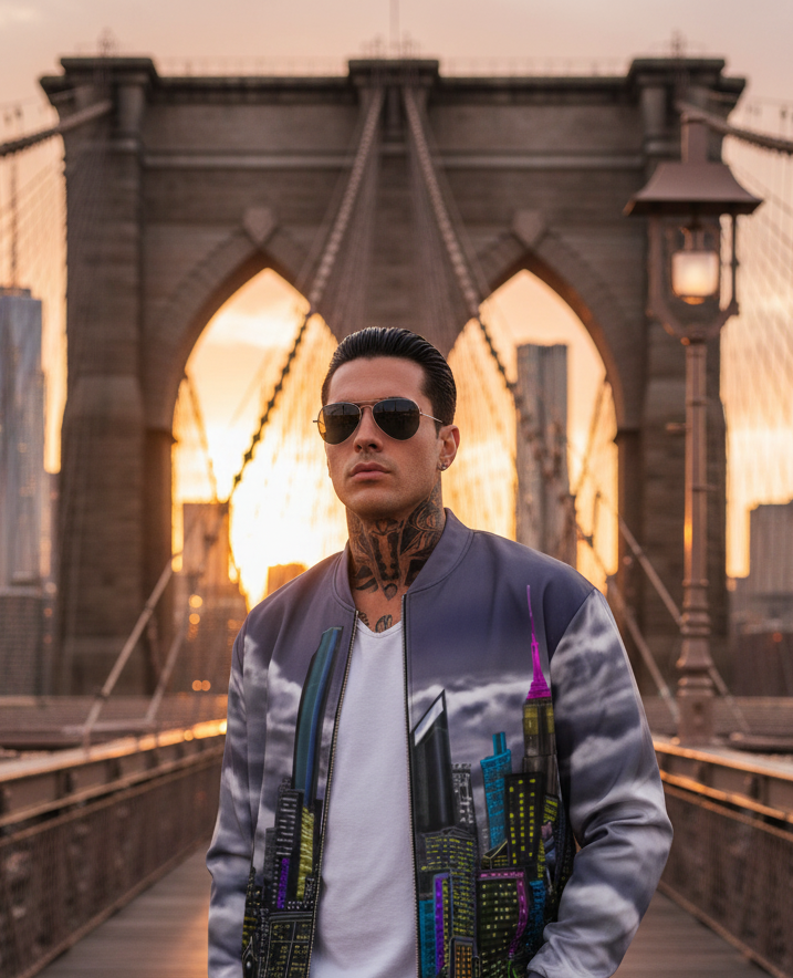 Man wearing sunglasses and a colorful jacket designed by  Loria NYC Art on the Brooklyn Bridge at sunset.