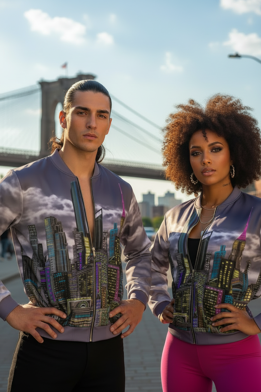 Two people wearing matching outfits with a cityscape Loria NYC Art design in front of a bridge.