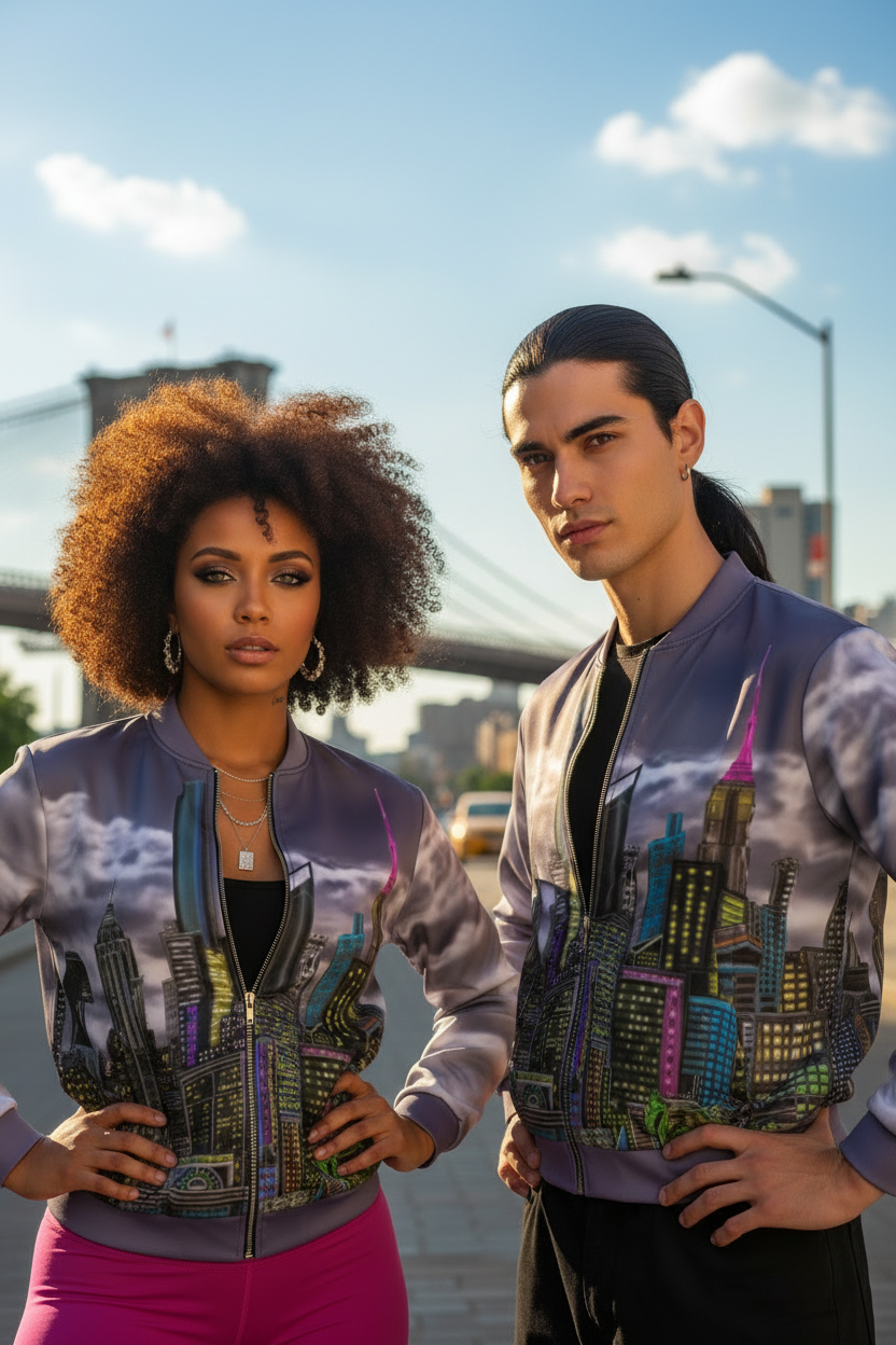 Two people wearing matching Loria NYC Art jackets with cityscape designs in an urban setting.