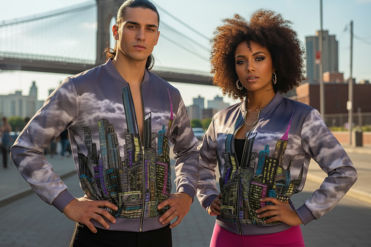 A man and a woman standing outdoors in front of a city bridge and buildings, wearing matching Loria NYC Art bomber jackets with a purple-gray cloudy print and a large multicolor cityscape graphic across the front.