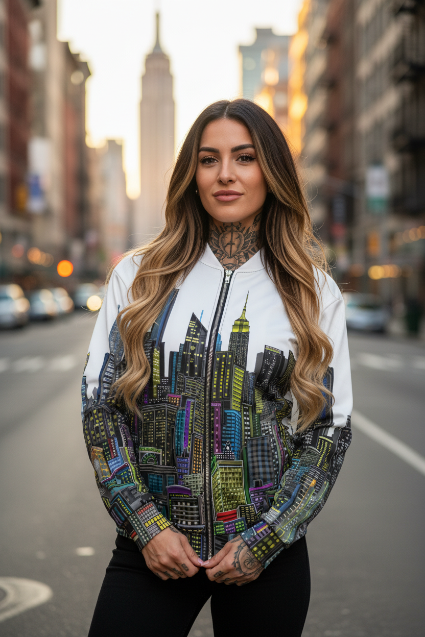Person wearing a white jacket with a Loria NYC Art cityscape design.
