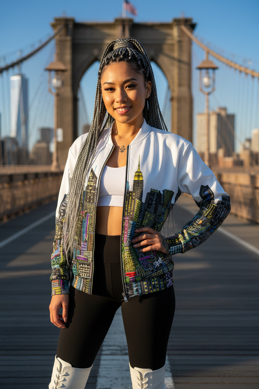 Woman wearing a white jacket with a cityscape Loria NYC Art design, in front of the Brooklyn Bridge.