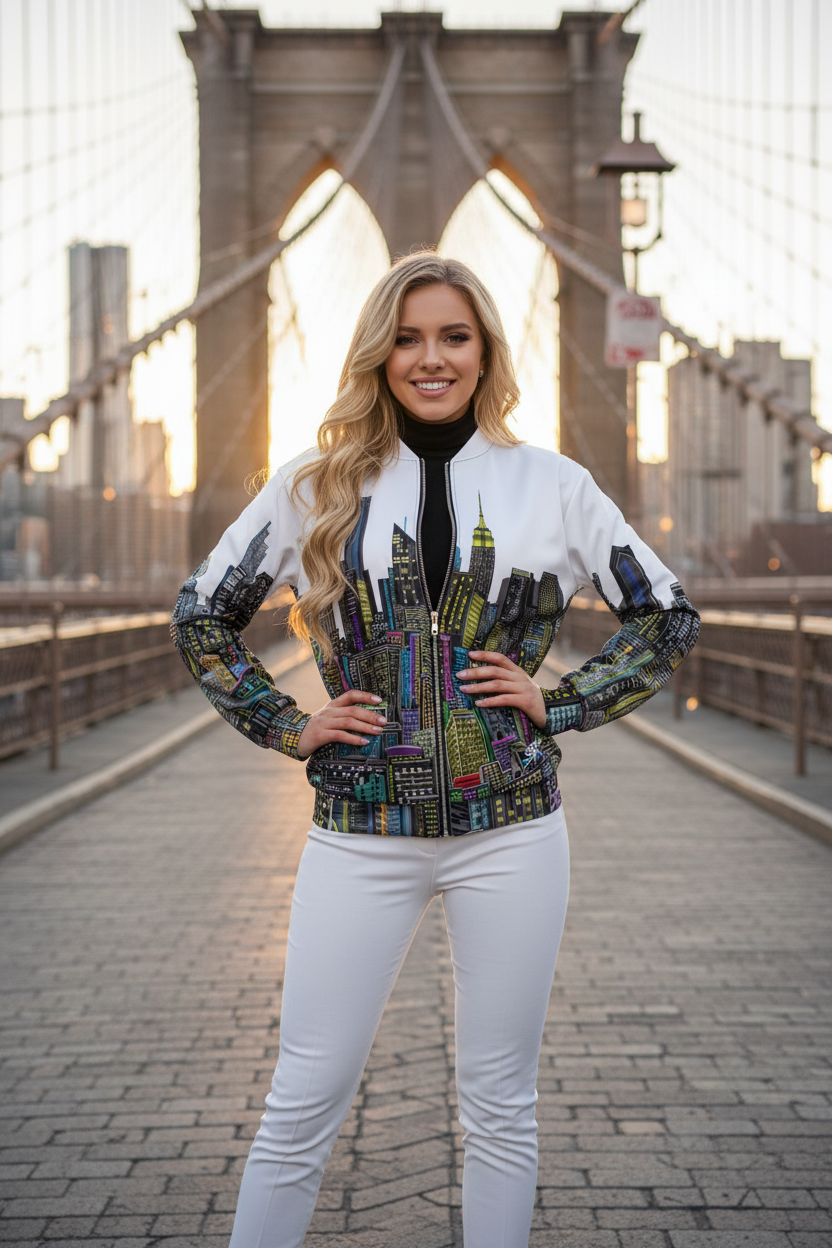 Woman wearing a colorful jacket with a cityscape Loria NYC Art design, standing in front of the Brooklyn Bridge.