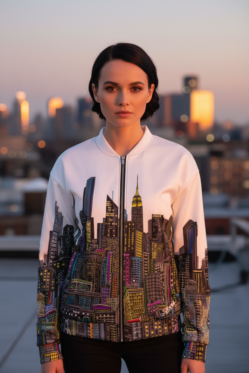 A woman stands on a rooftop at sunset wearing a white bomber jacket with a detailed multicolor Loria NYC Art skyline graphic across the front and sleeves.