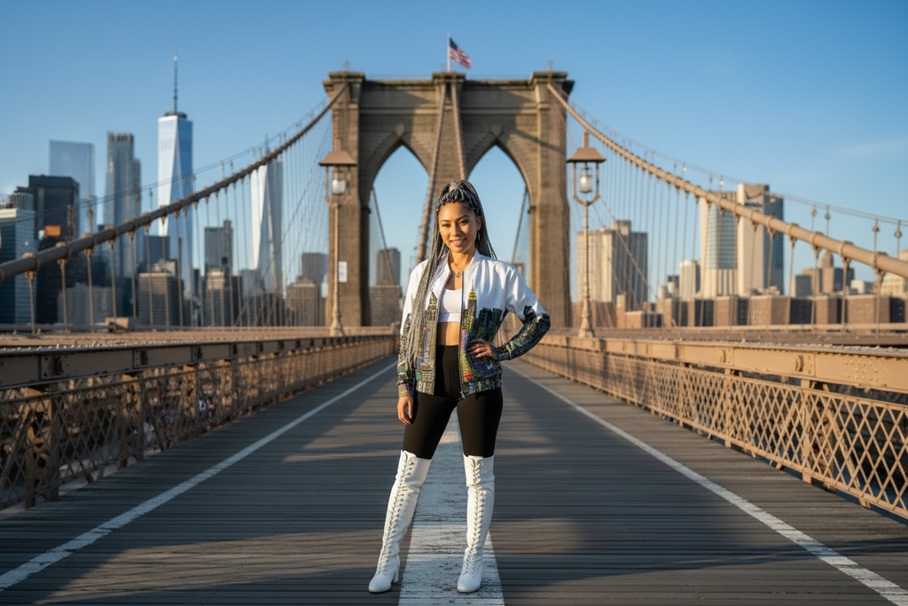 Person standing on the Brooklyn Bridge with the city skyline Loria NYC Art jacket and bridge in the background