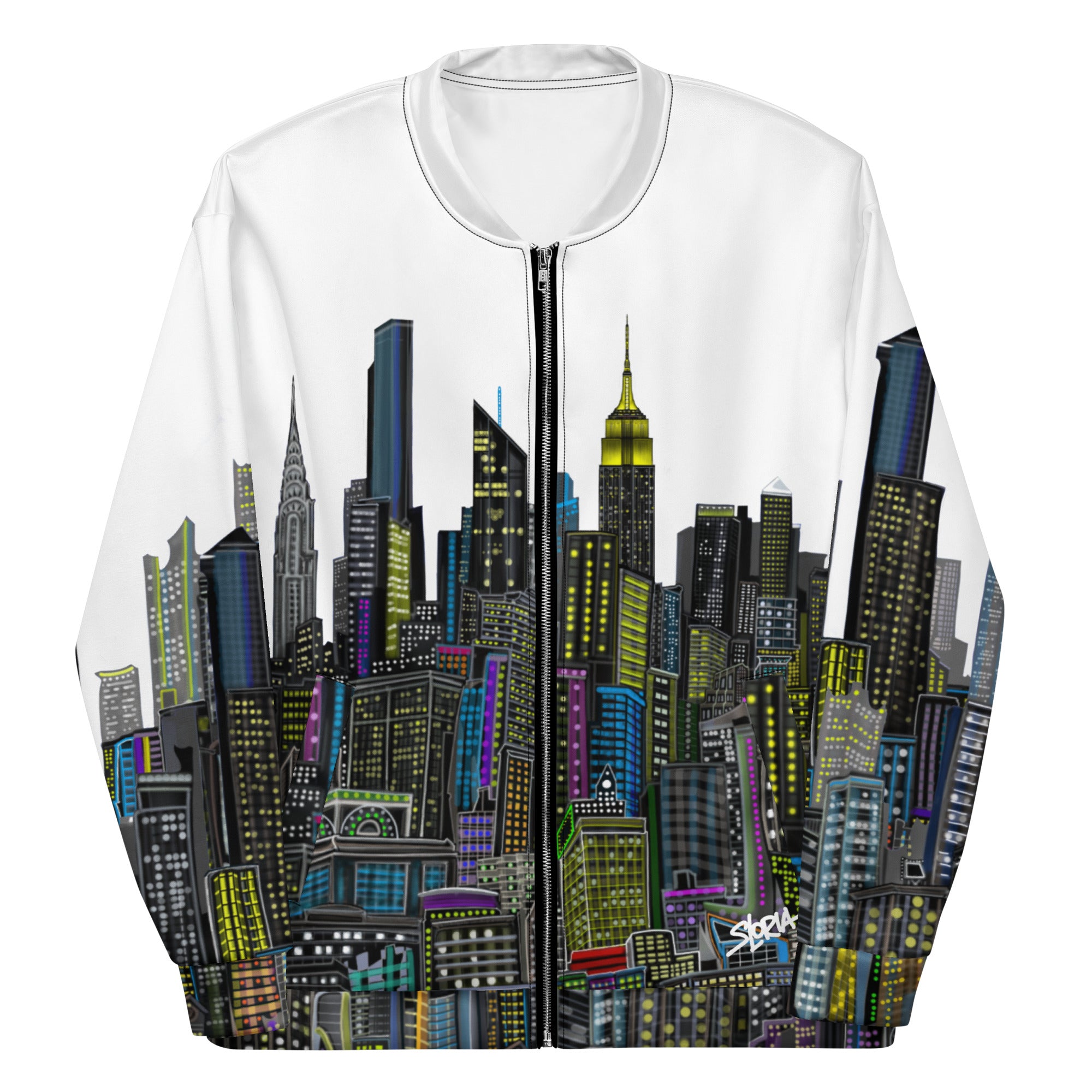 Front folded sleeves front of White bomber jacket with a colorful cityscape designed by Loria NYC Art 