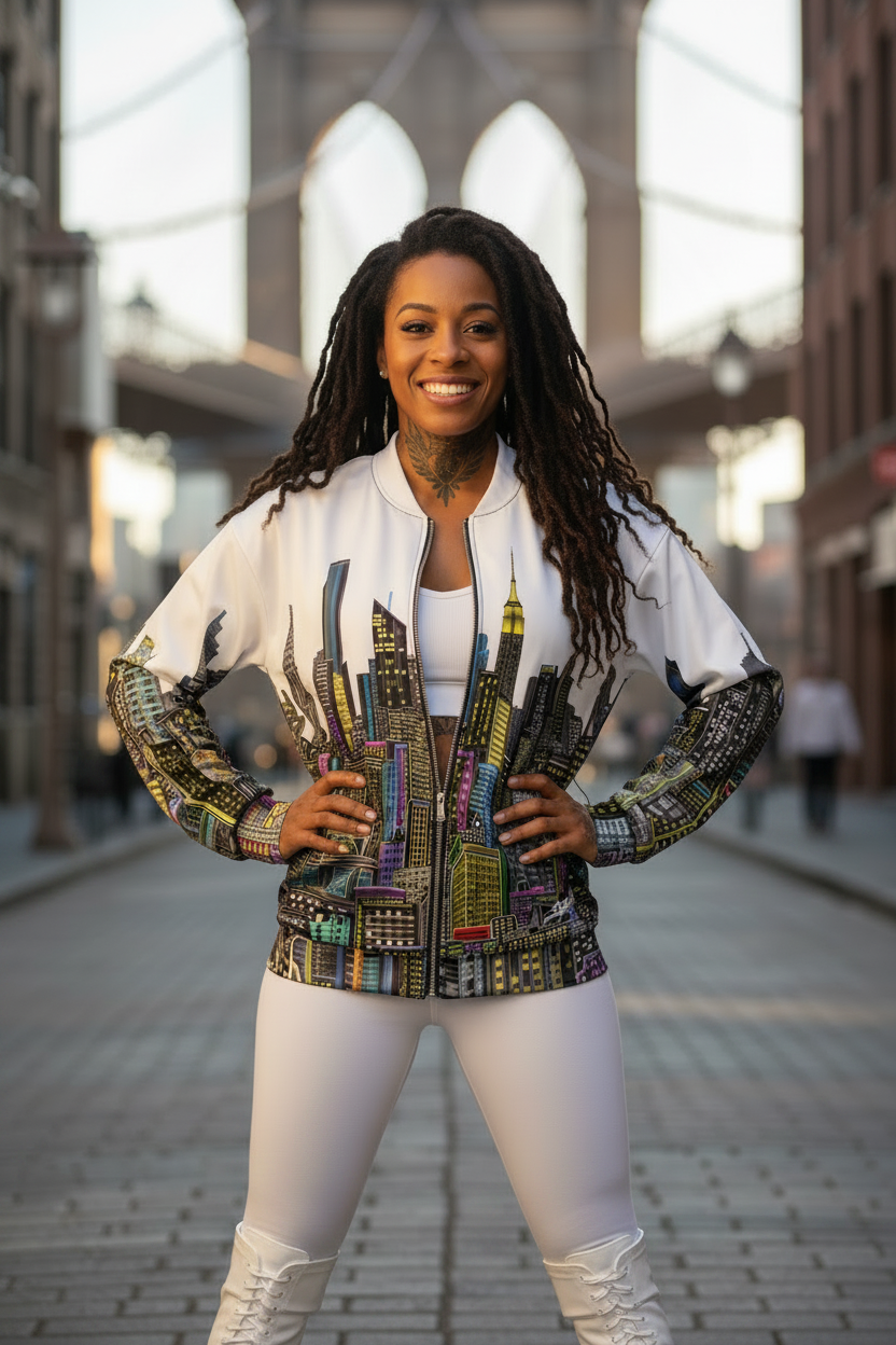 Woman posing in a jacket with a cityscape Loria NYC Art design, standing by the Brooklyn Bridge.