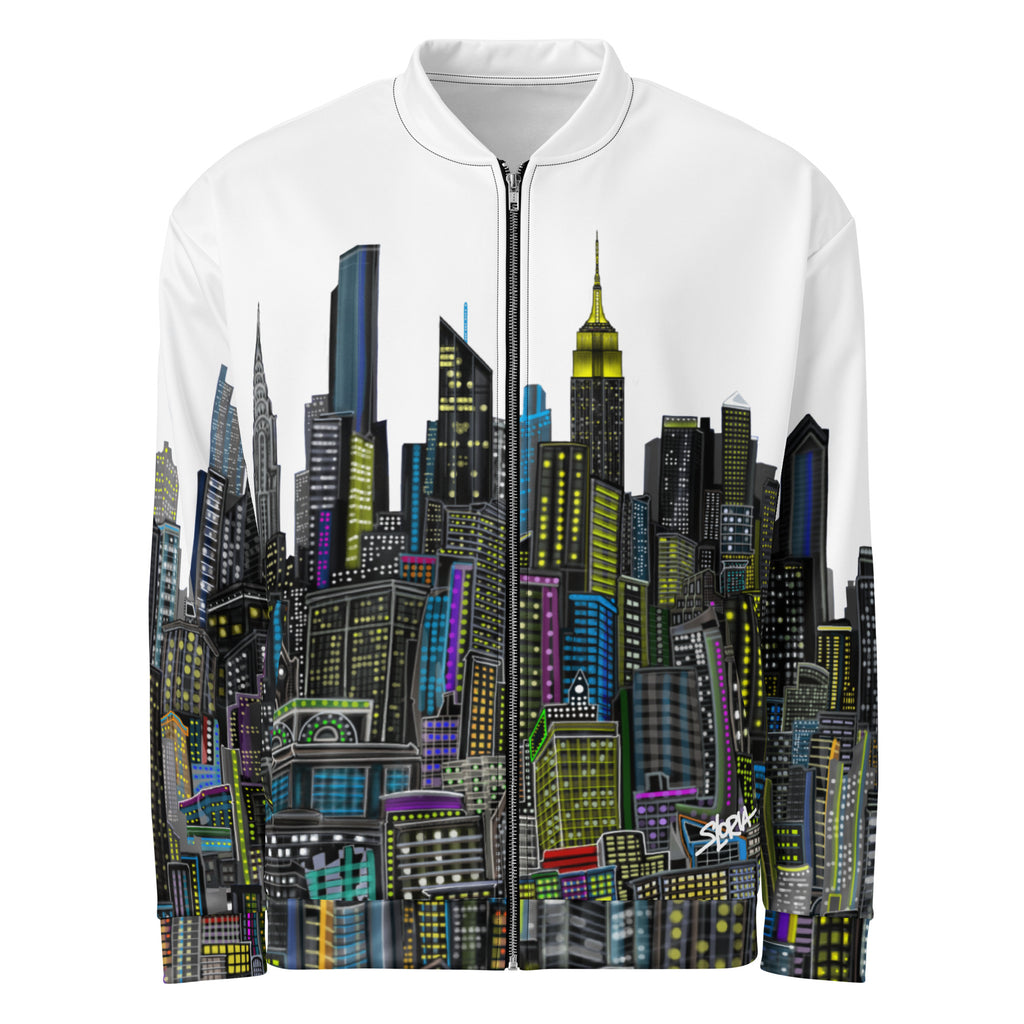White bomber jacket with a colorful cityscape designed by Loria NYC Art on the front