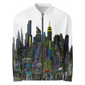 White bomber jacket with a colorful cityscape designed by Loria NYC Art on the front