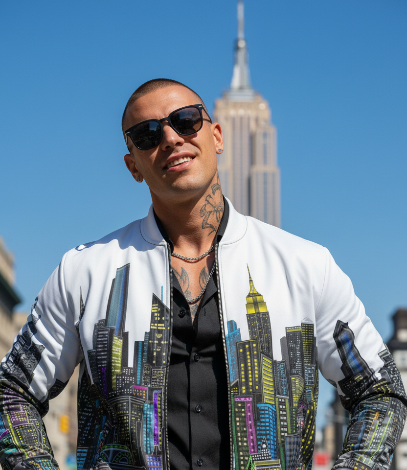 Man wearing a white colorful Loria NYC Art jacket in front of the Empire State Building.