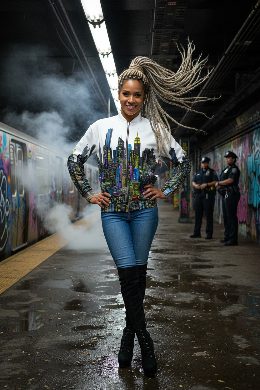 Woman in a colorful Loria NYC Art hoodie with cityscape design standing in an urban setting with graffiti and police officers in the background.