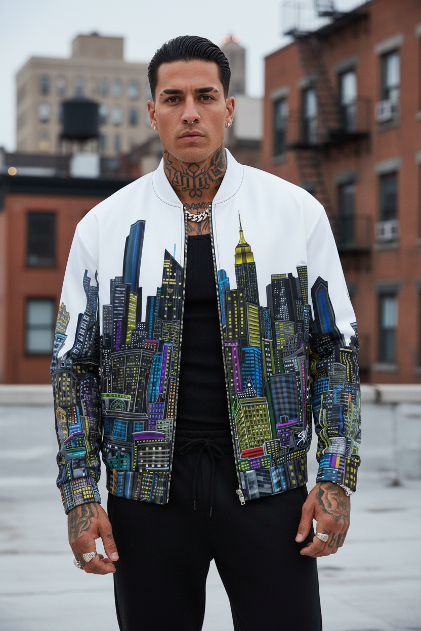 Man wearing a jacket with a Loria NYC Art cityscape design in an urban setting