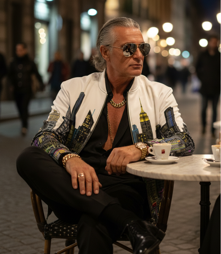 Man wearing a Loria NYC Art jacket sitting at a table with a cup of coffee in an urban setting