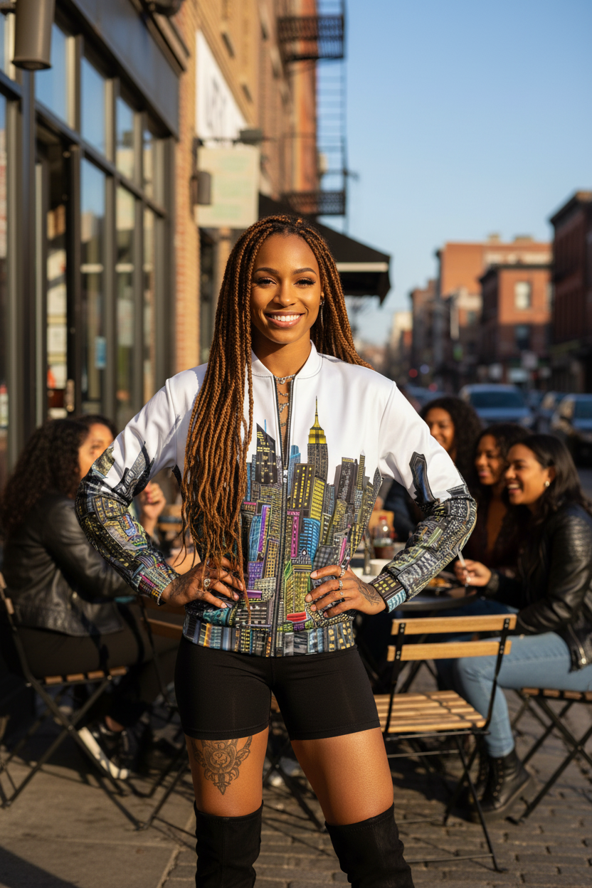 Women outside wearing a white Loria NYC Art jacket design