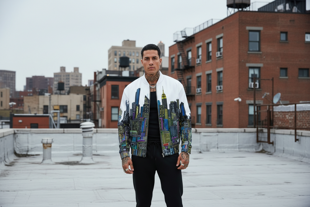 Man wearing a colorful Loria NYC Art jacket on a rooftop with urban buildings in the background
