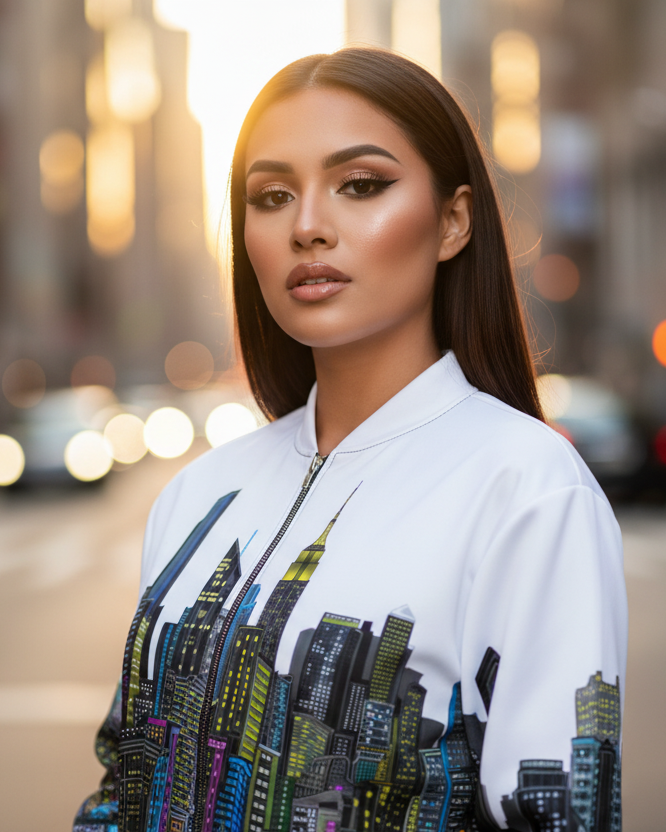 Woman in a cityscape Loria NYC Art jacket on a blurred city street