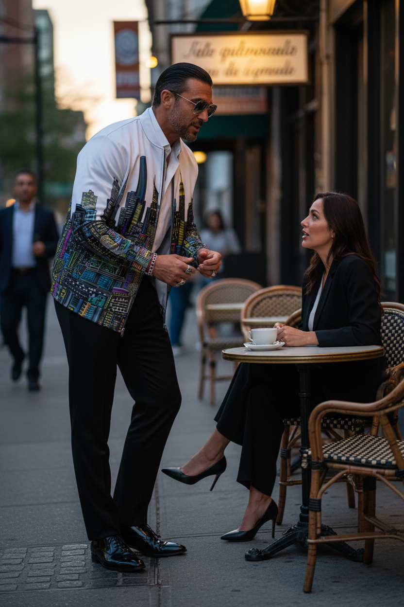 Man talking with a frens wearing a whit Loria NYC Art jacket in an urban setting.