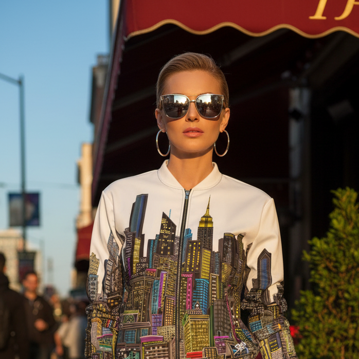 Women outside wearing a white colorful Loria NYC Art jacket in an urban setting