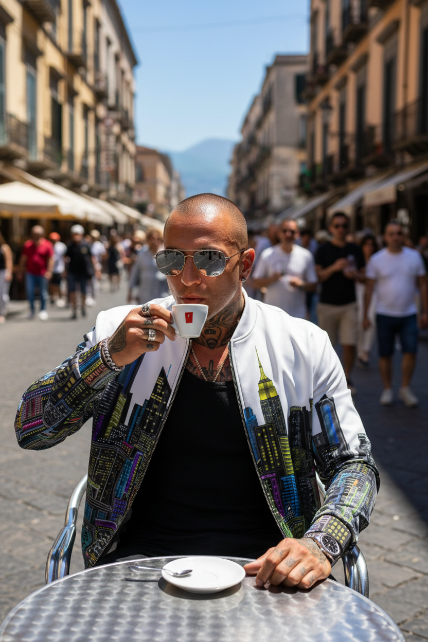 Man wearing a Loria NYC Art bomber jacket drinking from a coffee cup in an urban street setting
