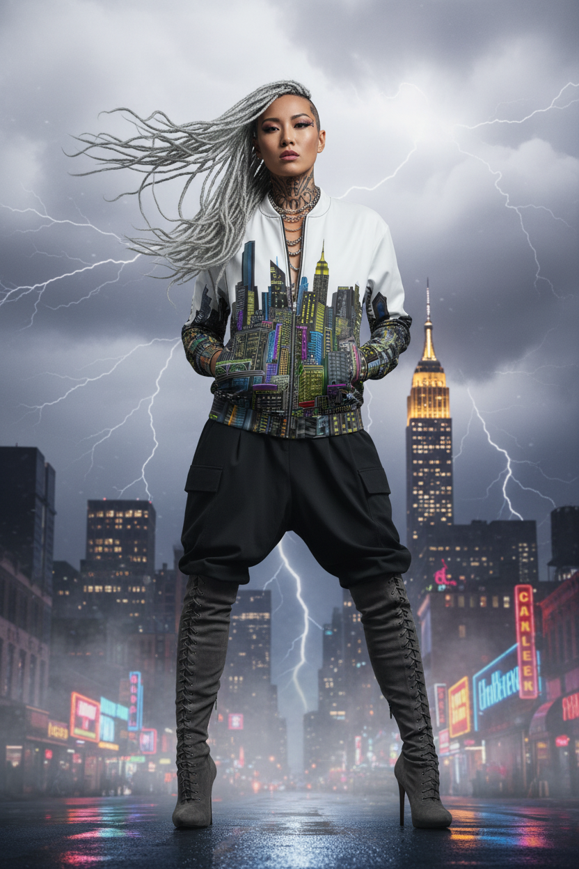 Women in a storm wearing a Loria NYC Art bomber jacket with lightning in the background 