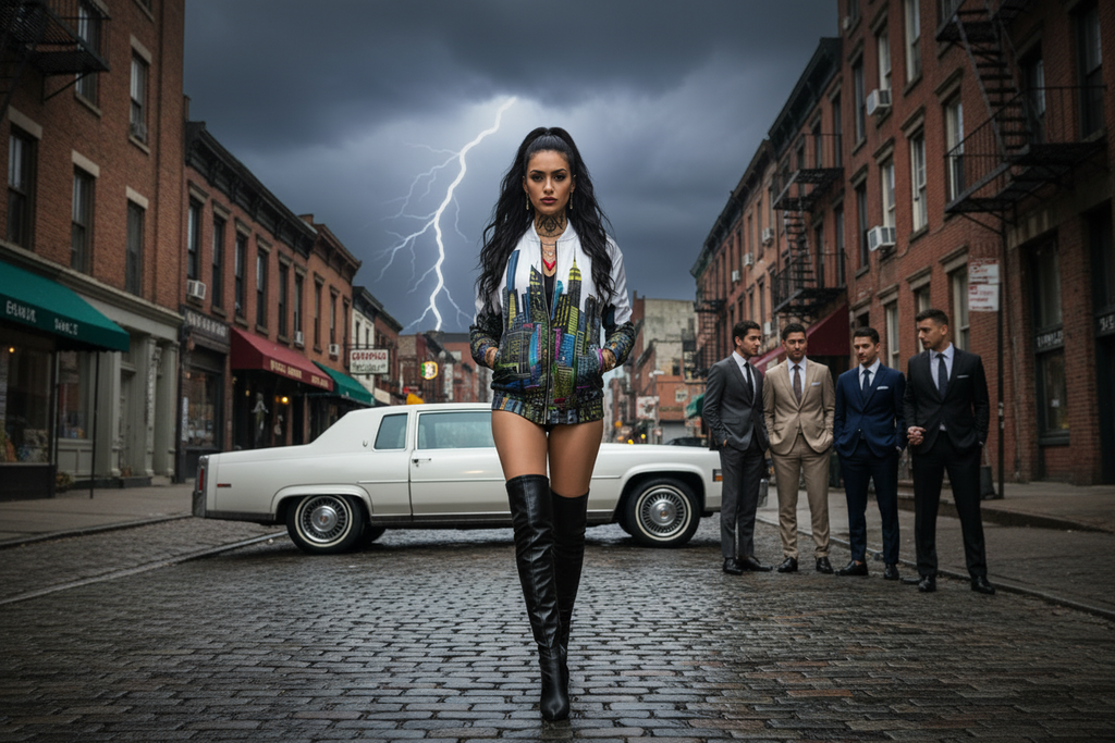 Woman in a stylish Loria NYC Art outfit walking on a city street with lightning in the background