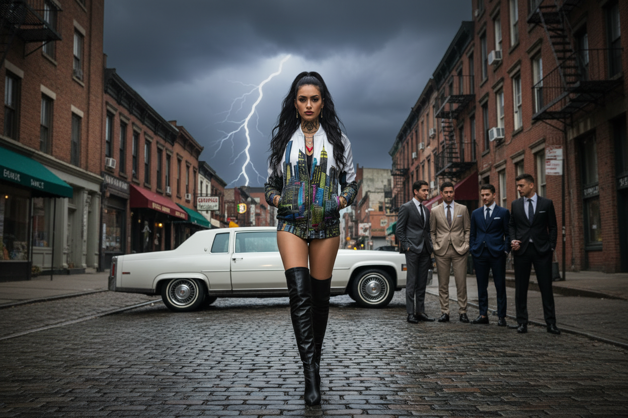 Woman in a stylish Loria NYC Art outfit walking on a city street with lightning in the background