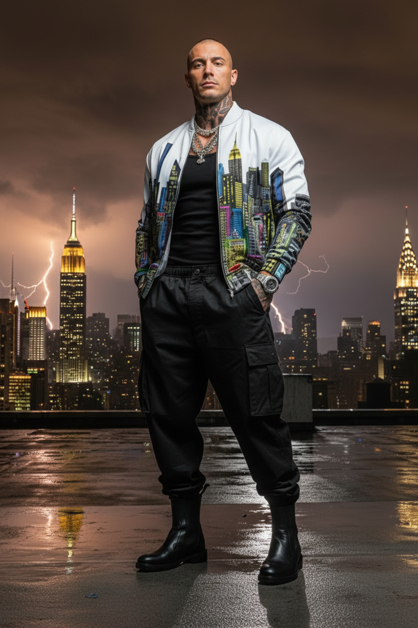 Man wearing a Loria NYC Art jacket standing on a rooftop in an urban setting