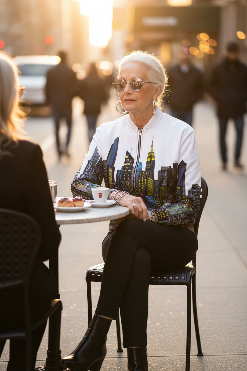 Woman sitting at an outdoor cafe table with a cityscape Loria NYC Art jacket, blurred background of people walking.