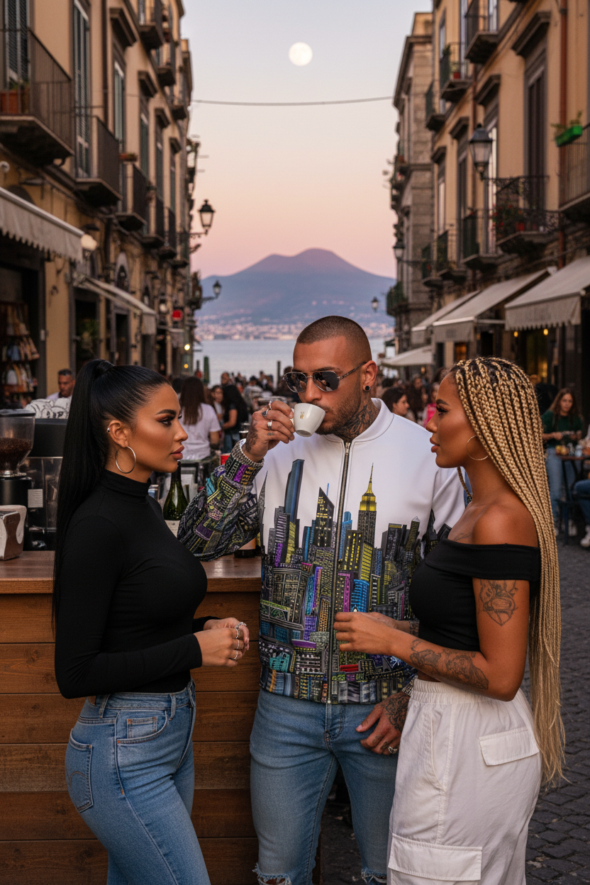 Man wearing  white Loria NYC Art jacket standing on a street with buildings and mountains in the background