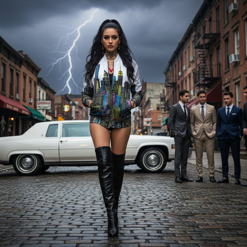 Woman in a stylish Loria NYC Art jacket standing in an urban street with lightning in the background