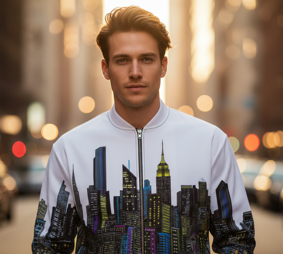 Man wearing a white jacket with cityscape Loria NYC Art design on a blurred city street background
