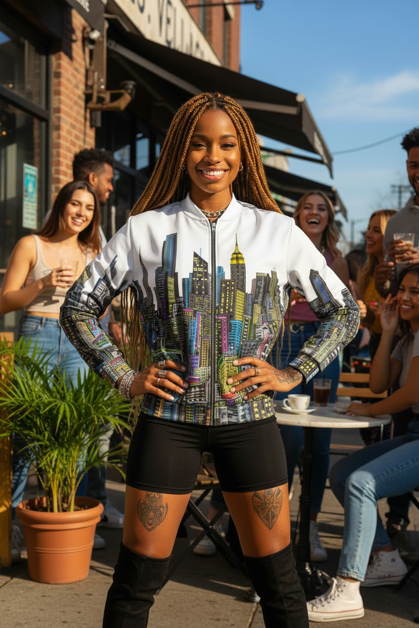 Women smiling outside wearing a white Loria NYC Art jacket design