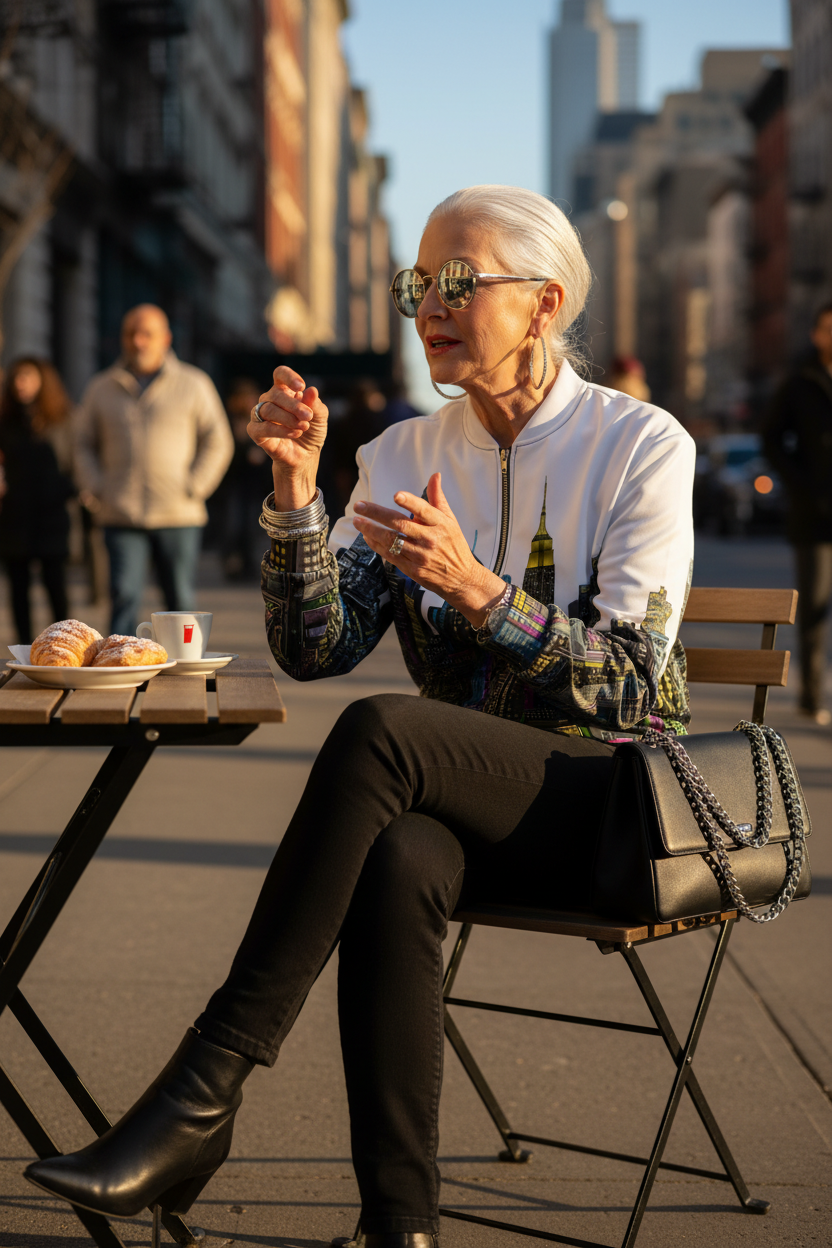 Women sitting outdoors in a white colorful Loria NYC Art jacket in an urban setting.