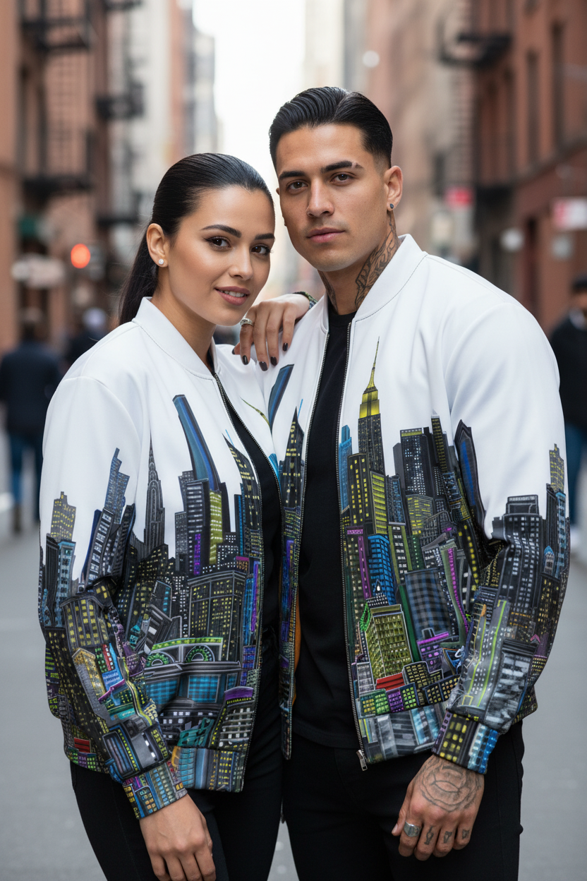 Two people wearing matching jackets with cityscape Loria NYC Art design on a street.