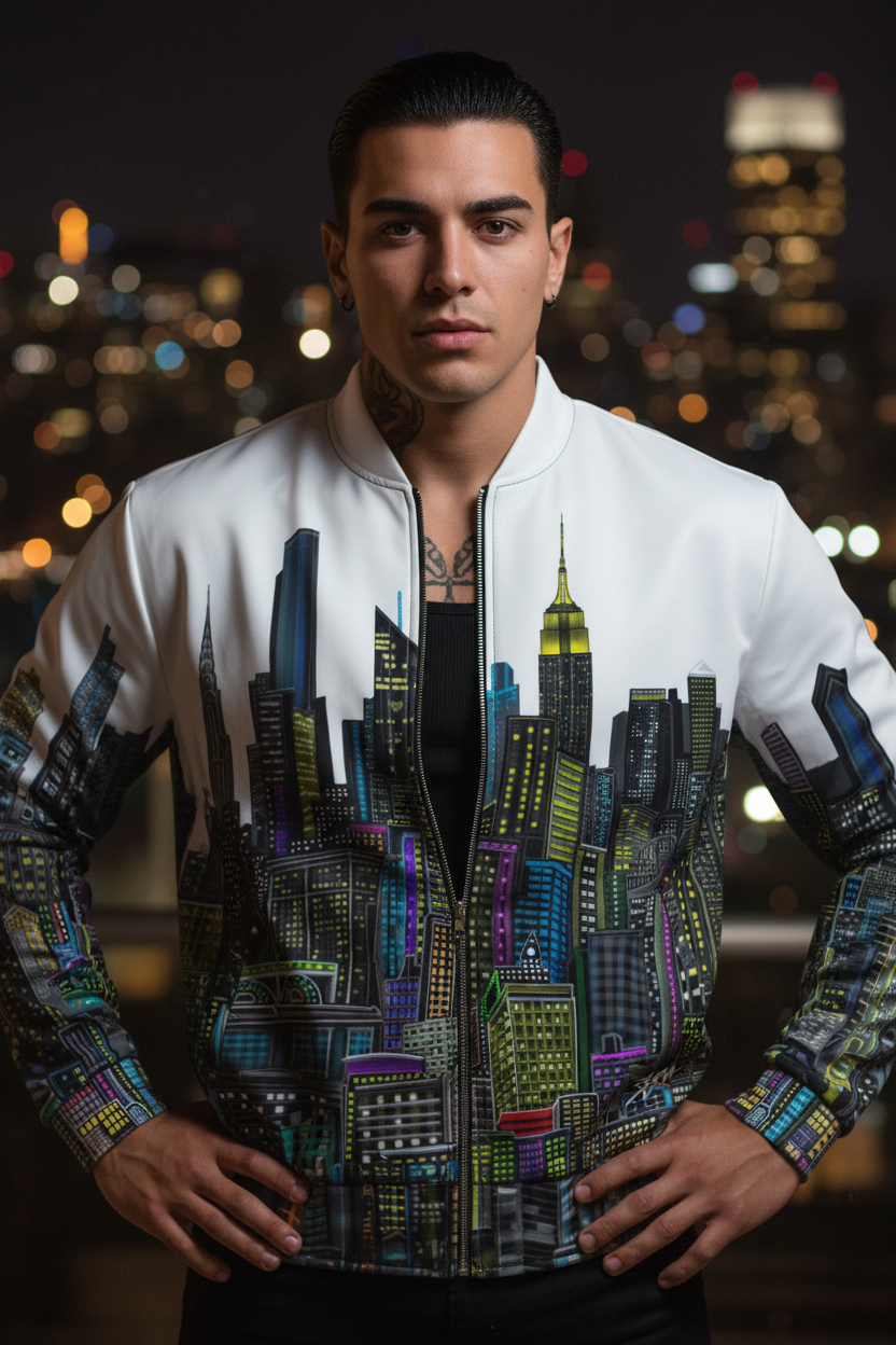 Man wearing a jacket with Loria NYC Art cityscape design against a night-time cityscape background