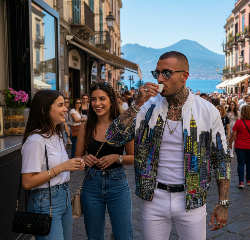 People on a street in a coastal town with mountains in the background with guy wearing white jacket designed by Loria NYC Art