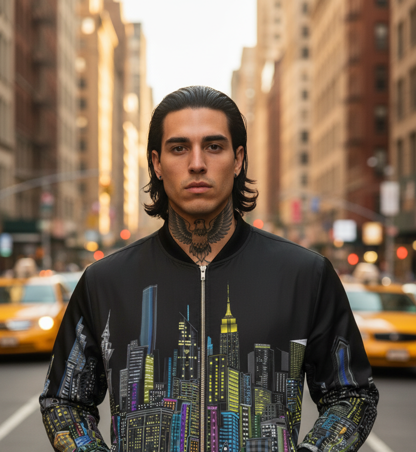 Man wearing a black jacket with Loria NYC Art cityscape design on a city street