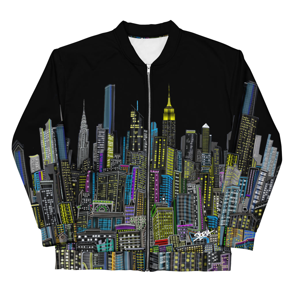 Front view of Black bomber jacket with colorful cityscape design designed by Loria NYC Art on a white background