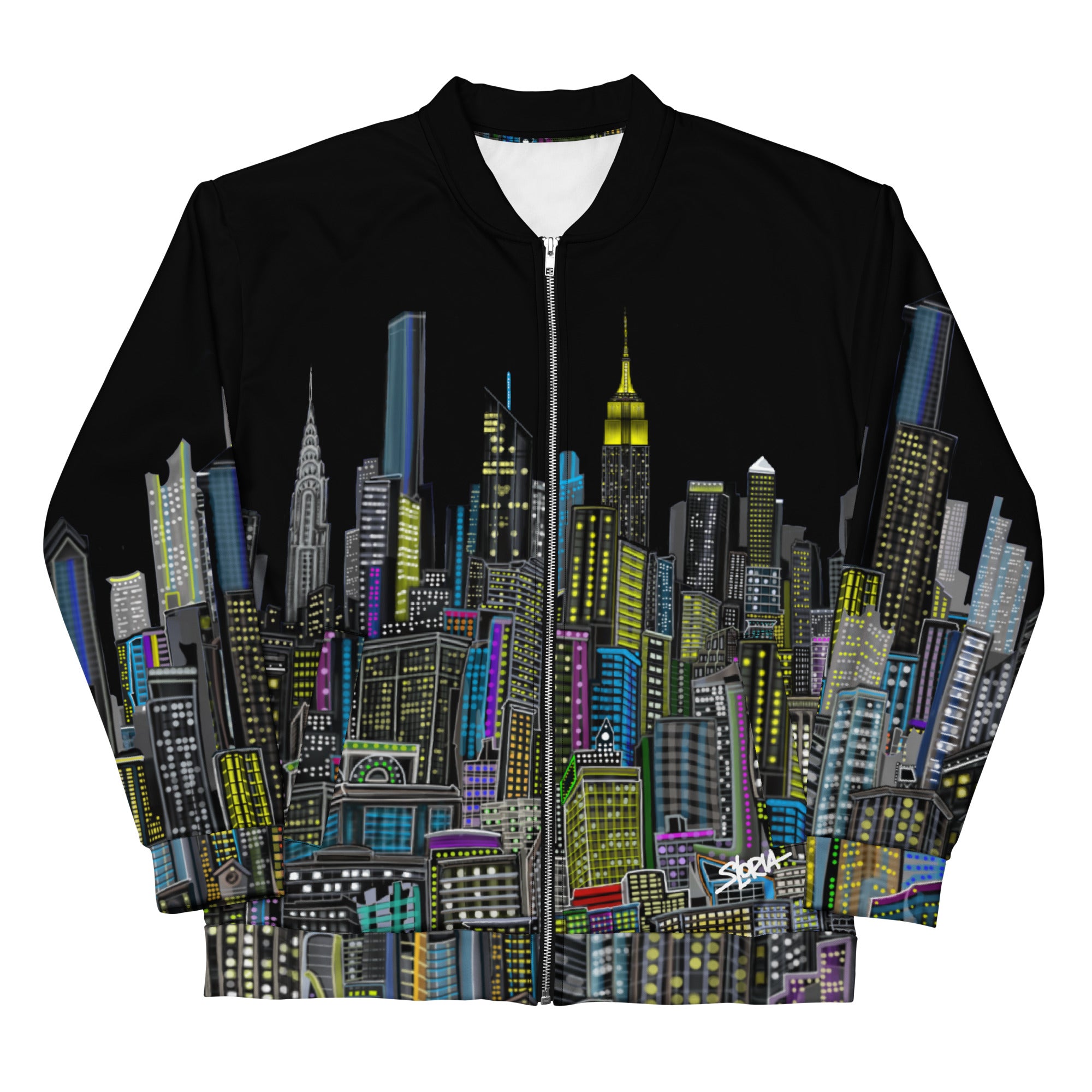 Front view of Black bomber jacket with colorful cityscape design designed by Loria NYC Art on a white background