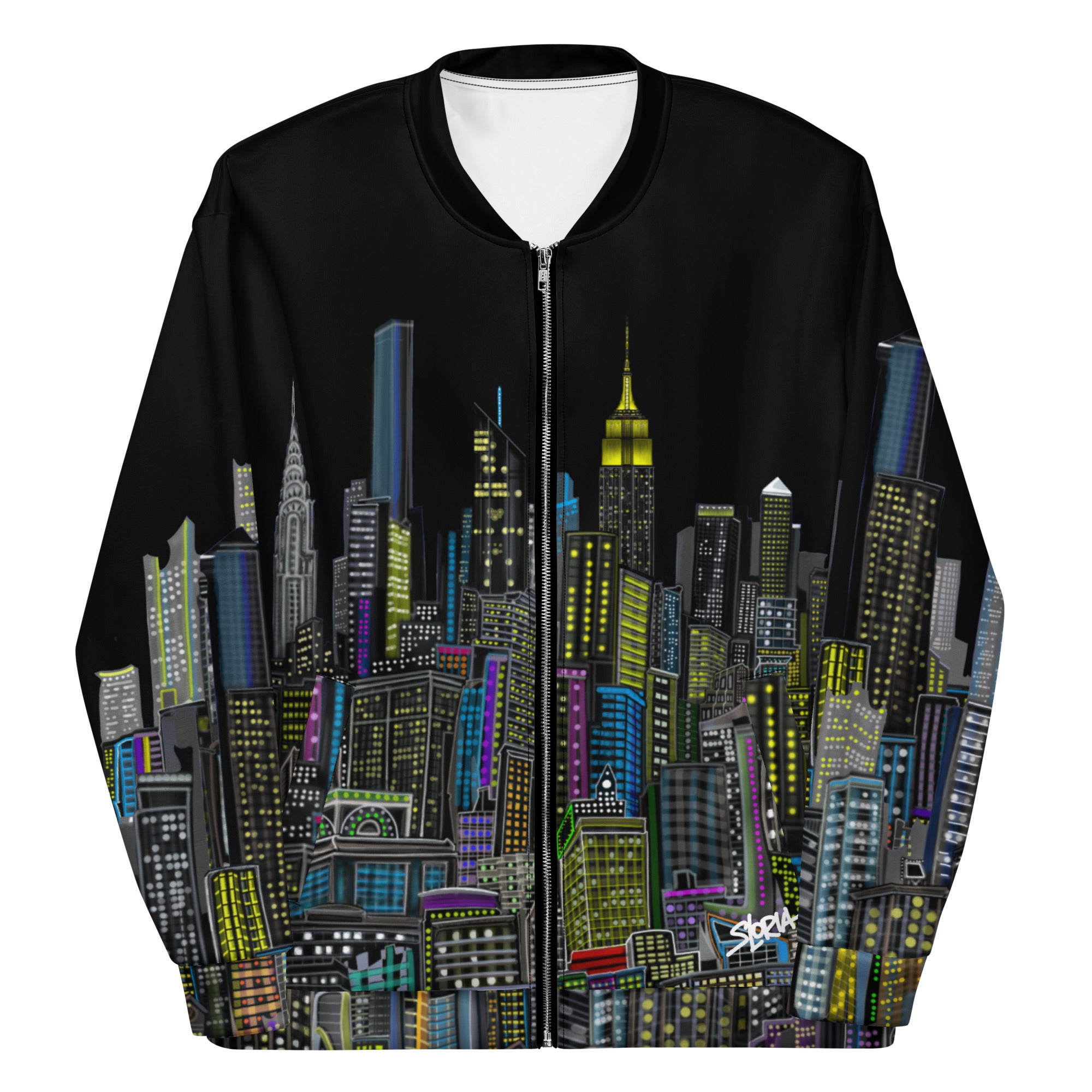 Folded sleeve front of Black bomber jacket with colorful cityscape design designed by Loria NYC Art on a white background