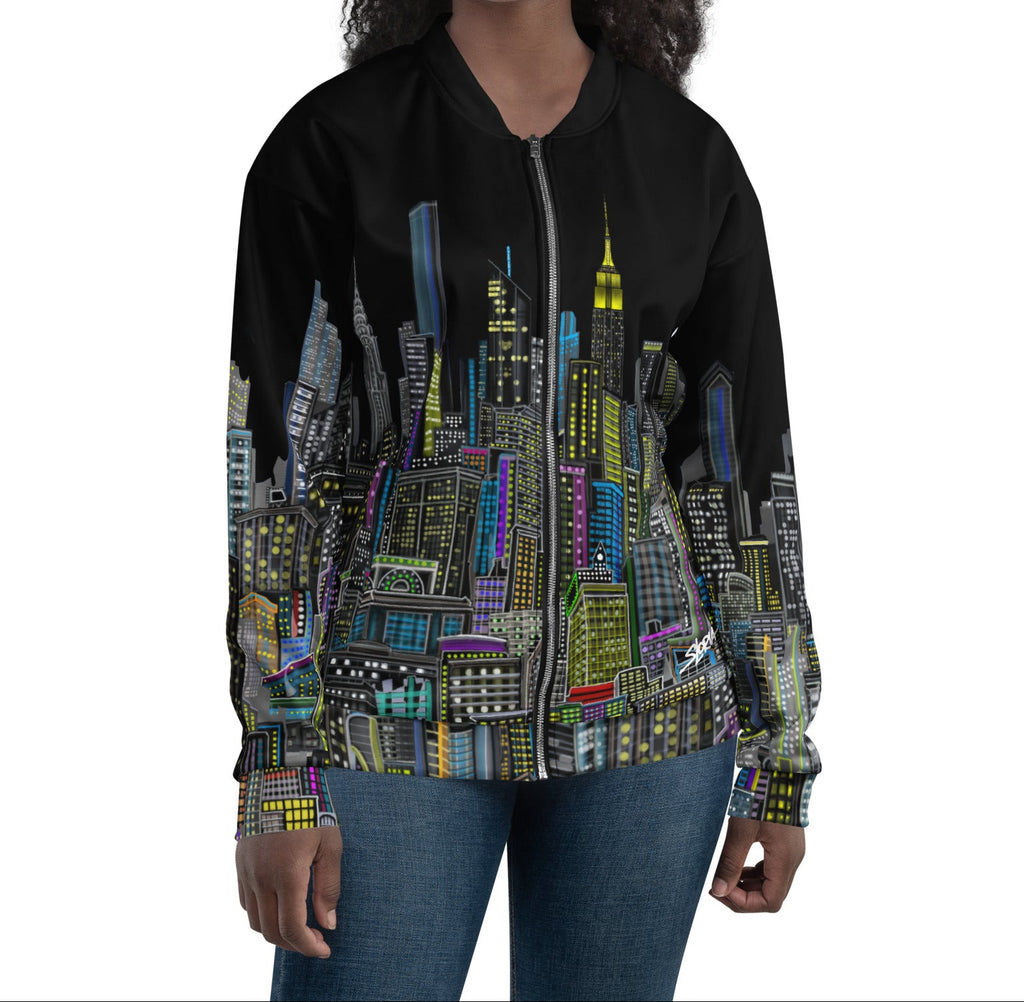 Female wearing  front of Black bomber jacket with colorful cityscape design designed by Loria NYC Art 