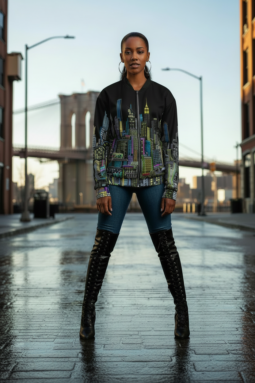 Women posing in a Loria NYC Art jacket on wet streets with bridge in background 
