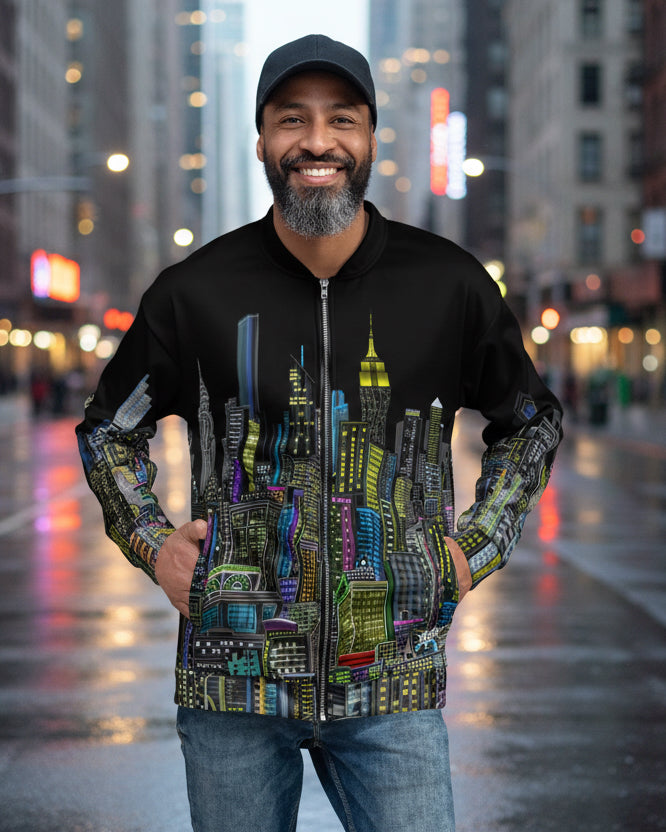 Folded sleeve front of man wearing Black bomber jacket with colorful cityscape design designed by Loria NYC Art 