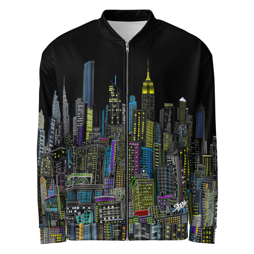 Black bomber jacket with colorful cityscape design designed by Loria NYC Art on a white background