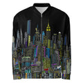 Black bomber jacket with colorful cityscape design designed by Loria NYC Art on a white background