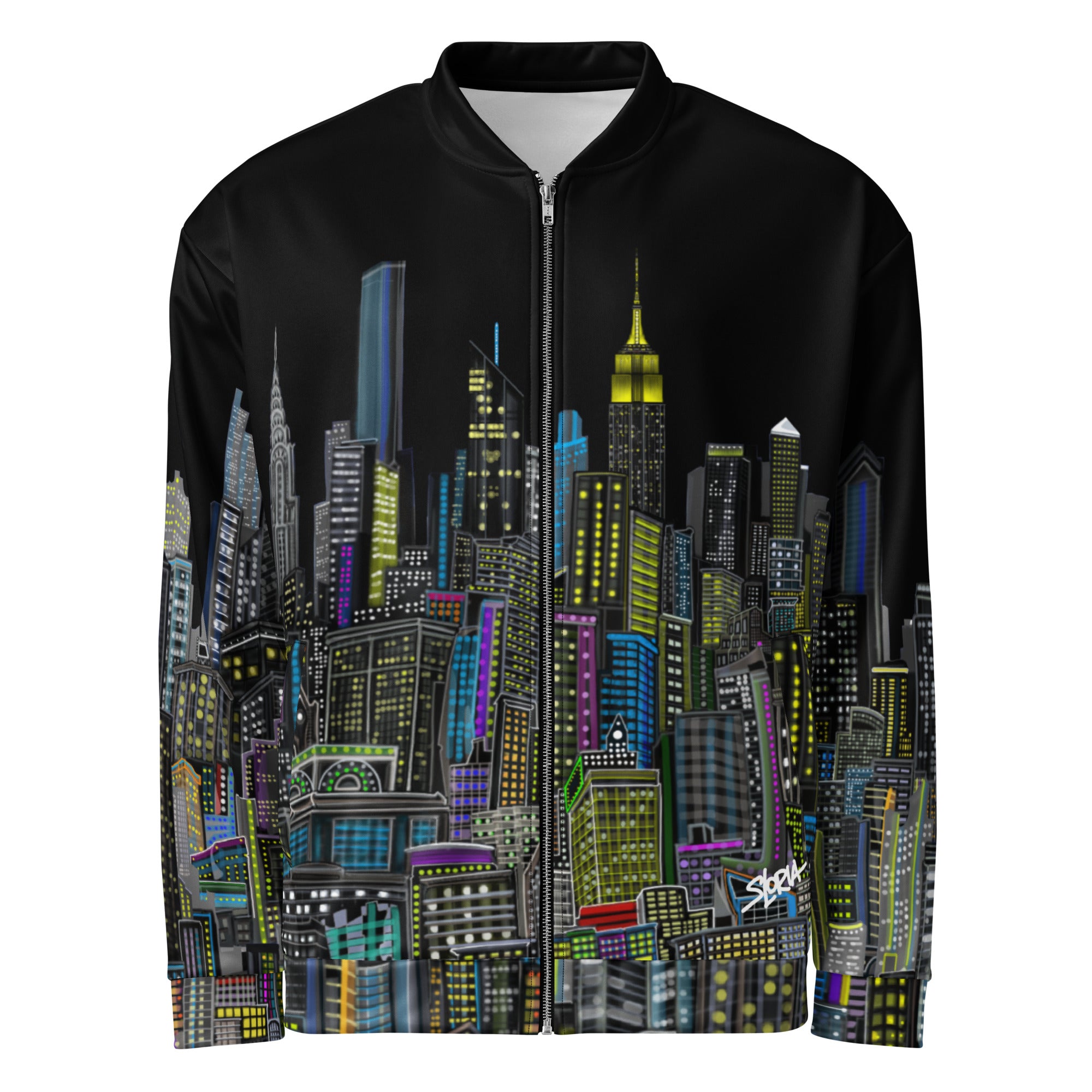 Black bomber jacket with colorful cityscape design designed by Loria NYC Art on a white background