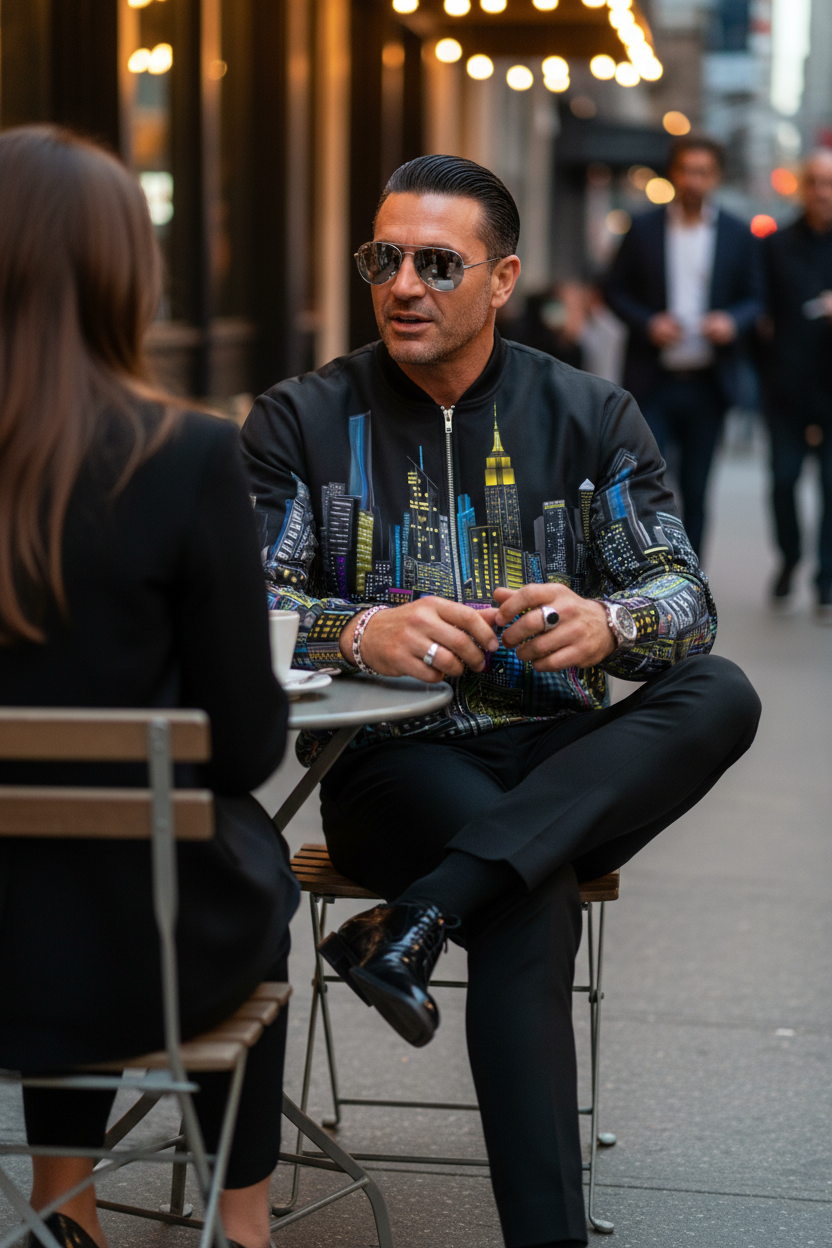 Man sitting at a cafe table wearing a black jacket with Loria NYC Art jacket with cityscape design.