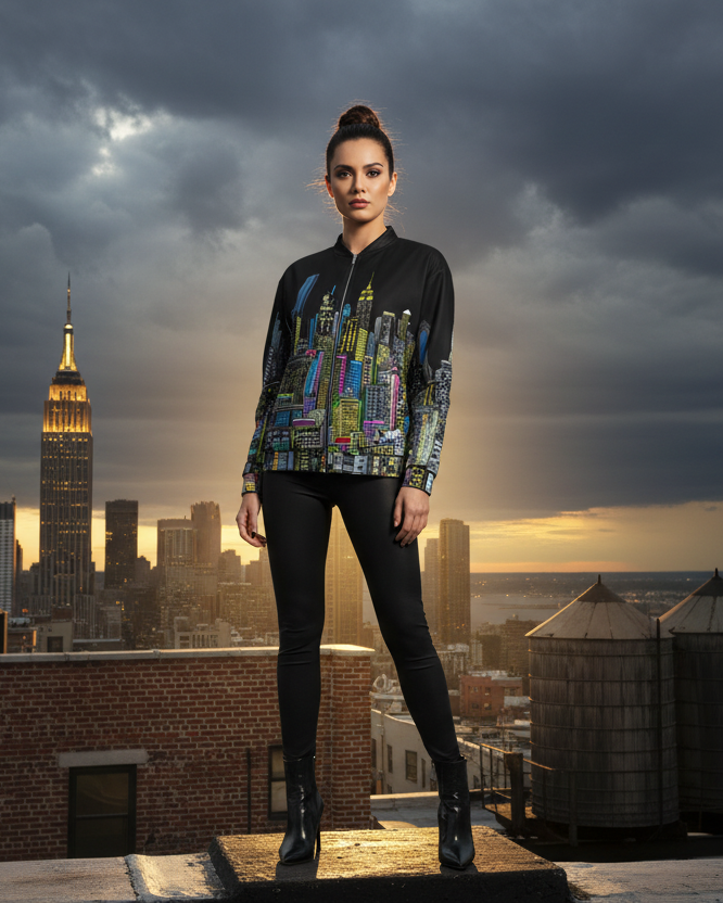 Person wearing a Loria NYC Art. Jacker on a rooftop with a city skyline in the background